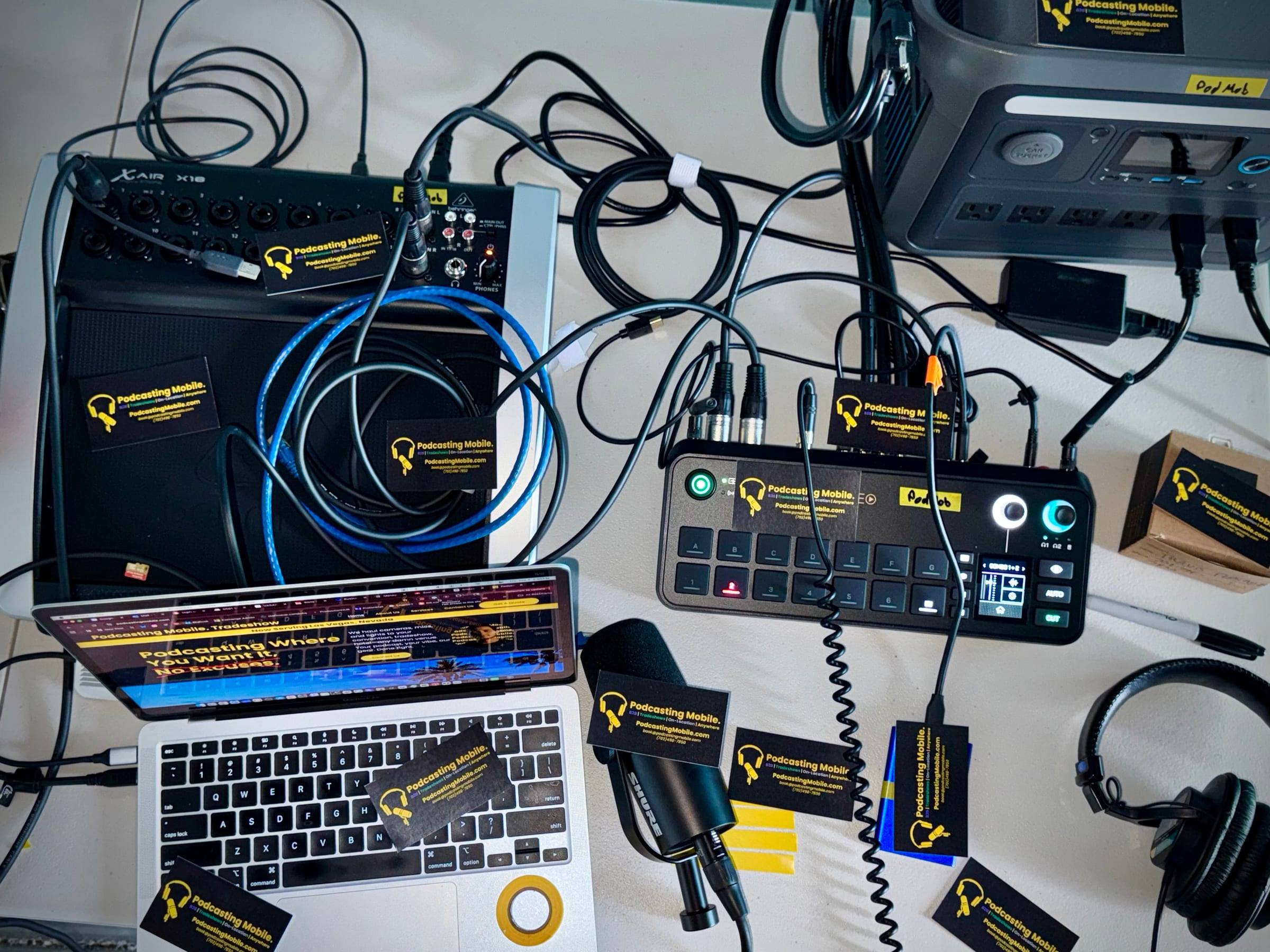Another view of the kit: video switcher, mixer, mic and laptop ready to pack